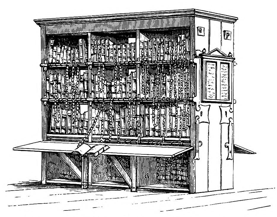 Historical engraving of a chained library, with books fastened to the shelves by chains